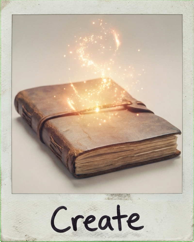 Magic notebook polaroid labeled Create