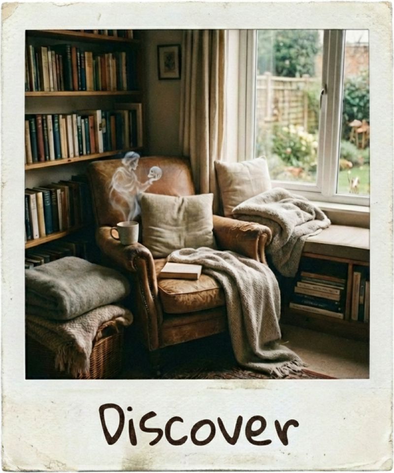 Ghost reading polaroid labeled Discover